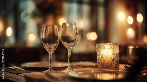 Romantic dinner setting featuring two wine glasses, candlelight, and soft lighting, perfect for creating an intimate atmosphere. 