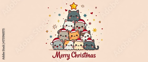 Cute christmas tree made of adorable cats wearing santa hats, with a star on top and festive decorations, conveying a joyful holiday greeting