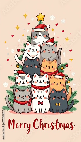 A charming illustration of a christmas tree made of cute cats wearing santa hats and scarves, with a star on top and festive decorations, wishing merry christmas