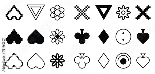Y2K trendy shapes, card symbols, hearts, flowers, signs and symbols, millennial abstract elements, collection of retro design shapes.