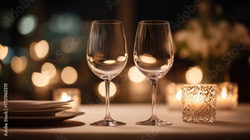 Romantic dinner setting featuring two wine glasses, candlelight, and soft lighting, perfect for creating an intimate atmosphere. 