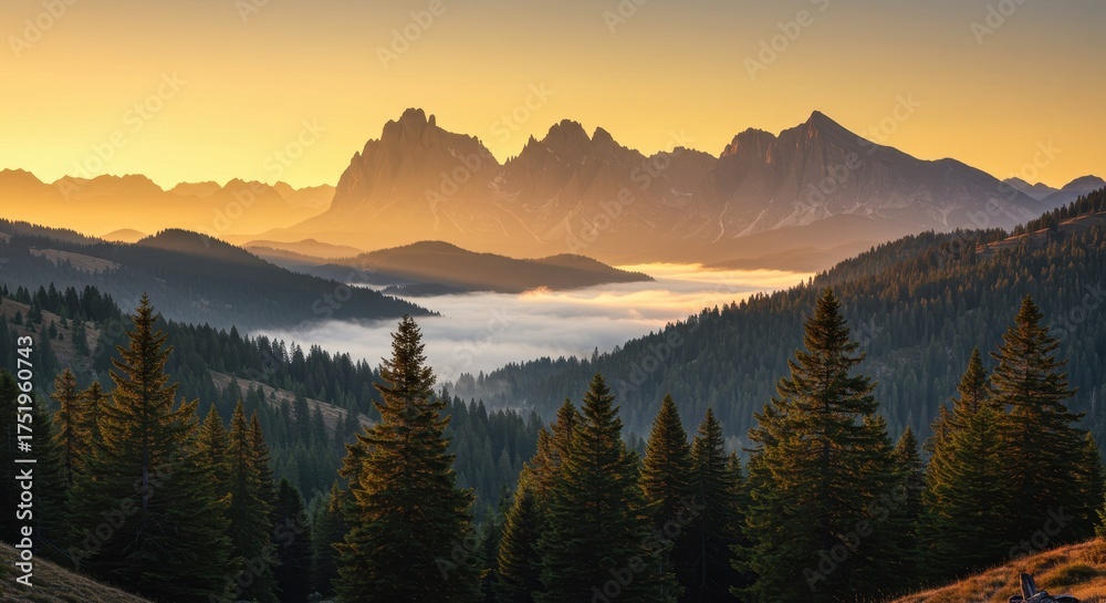 Obraz premium Majestic Mountain Peaks Bathed in Golden Sunrise Light Above a Misty Valley.