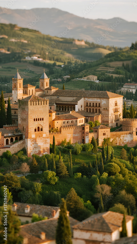 Fototapeta premium Bird’s-eye tilt-shift of the Alhambra palace, green hills below