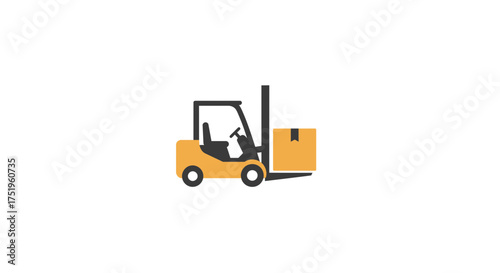 A simple yellow forklift truck carrying a brown cardboard box.