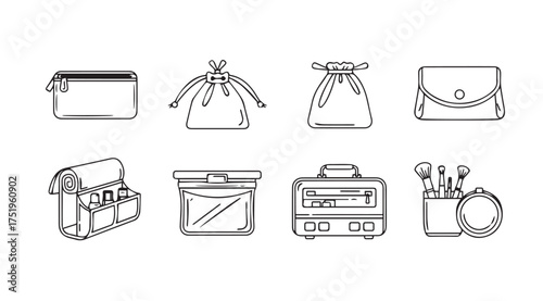 Collection of hand drawn cosmetic bags and makeup pouches for beauty essentials organizer vector