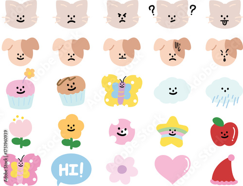 Cute vector illustrations of puppy and cat expressions, cupcake, butterfly, cloud and rain, flower, star, apple, heart, party hat for cartoon characters, comic, animals, pet shop, vet, emoji, mood
