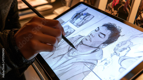 Close-up of hand drawing on tablet screen, sketching a portrait of a man