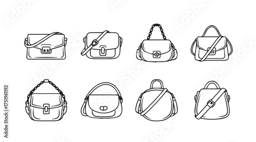 Collection of eight sketch style handbags and purses with different designs and styles vector
