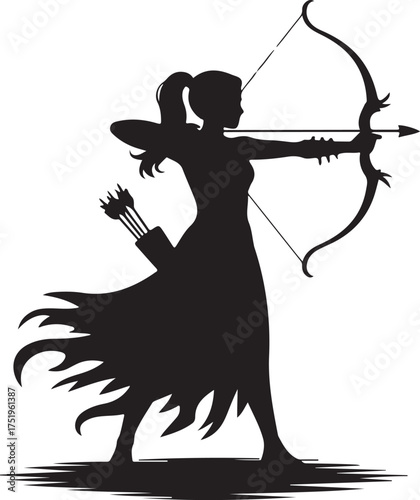 A black silhouette illustration of a female archer in a dynamic stance against a white background 