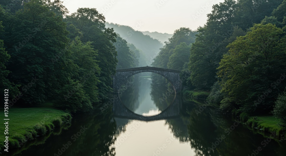 Fototapeta premium Serene Misty River Landscape with Stone Bridge, Lush Green Trees, and Calm Reflections.