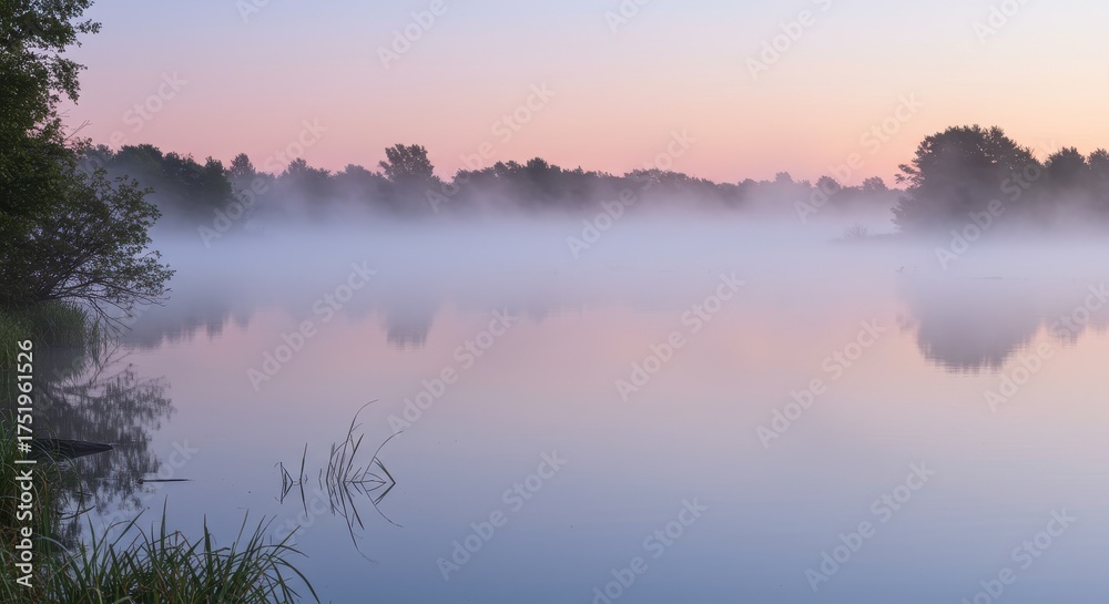 Obraz premium Serene Misty Sunrise Over Tranquil Lake Reflecting Pastel Sky and Silhouetted Trees.