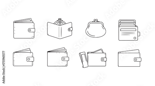 Collection of hand drawn wallets and coin purses showing cash and cards financial icons vector