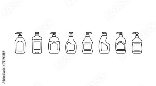 Collection of diverse dispenser bottles for liquids cleaning or personal care products vector