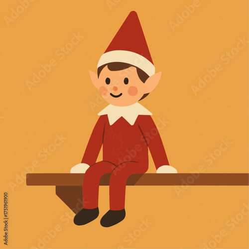 Joyful elf wearing festive outfit sits patiently on wooden bench