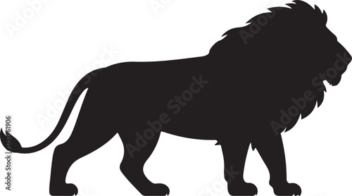 A black silhouette of a majestic lion in profile view facing right against a white background 