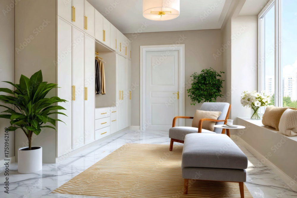 Fototapeta premium Modern walk-in closet interior with storage and seating