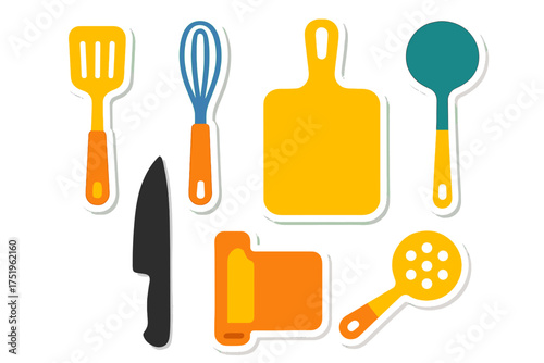 Colorful set of essential kitchen cooking tools and utensils including a cutting board, knife, whisk, and spatula