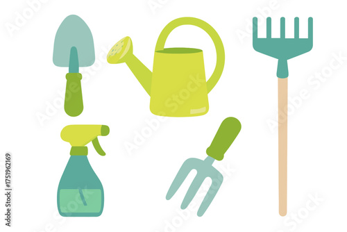 Assortment of bright green and blue gardening implements for spring planting