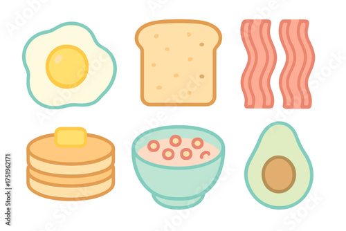 Collection of breakfast icons featuring fried egg, toast, bacon, pancakes, cereal, and avocado