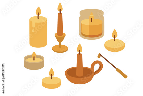 Collection of various burning candles including pillar taper tea light and jar candle with a snuffer