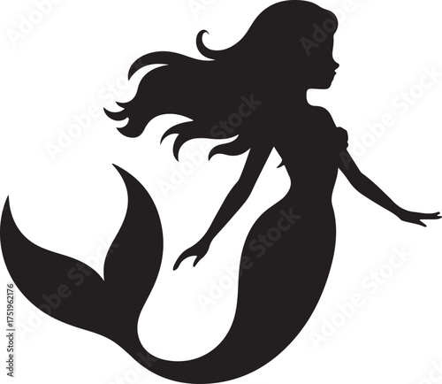 A black silhouette of a mermaid against a white background. 