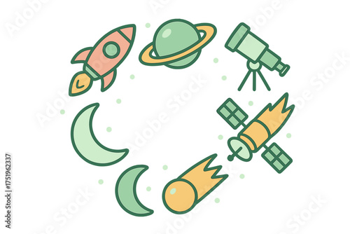 Astronomy and space exploration icons set featuring rocket ship planet telescope satellite and moons