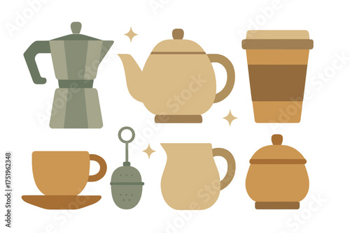 Assortment of essential coffee and tea brewing equipment and serving containers in muted earthy tones