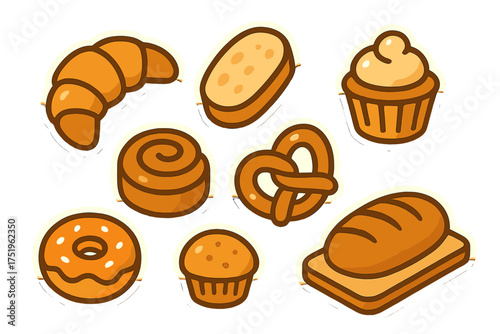 Set of outlined bakery icons including croissant pretzel donut and various sweet baked goods