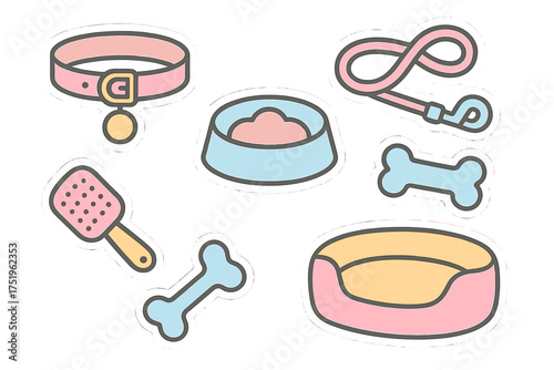 Adorable collection of dog accessories and grooming supplies in pastel colors
