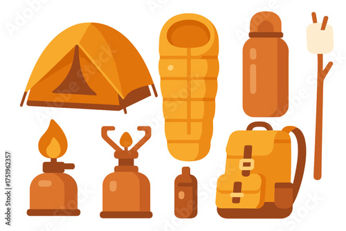 Essential outdoor adventure gear set including tent sleeping bag backpack and cooking stove elements