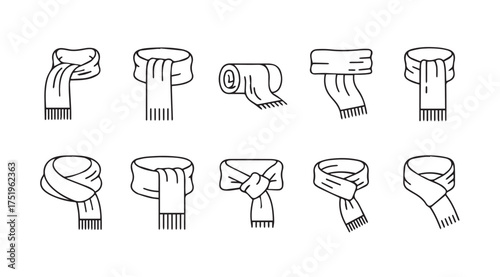 Collection of hand-drawn scarves depicting various folding and tying styles for fashion and apparel vector