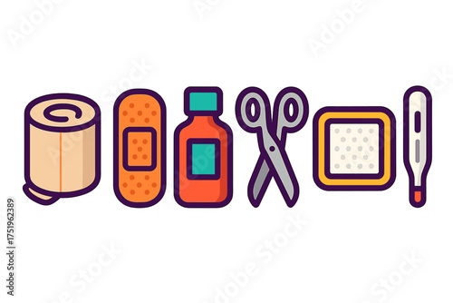 Essential medical supplies arranged in a row for emergency and basic first aid treatment
