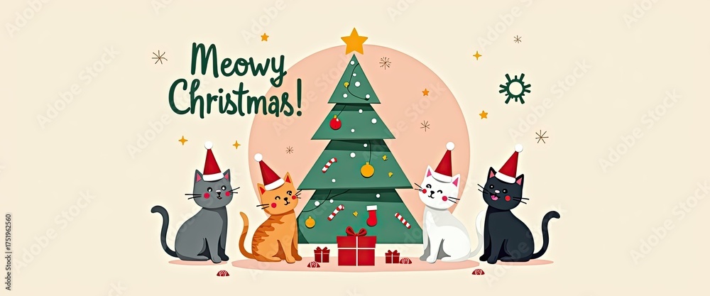 Obraz premium Cute cats wearing santa hats and sitting around a decorated christmas tree with presents, wishing a meowy christmas in a festive illustration