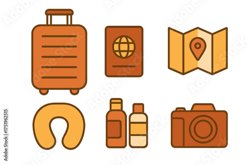Travel and vacation items including luggage, passport, map, and camera gear
