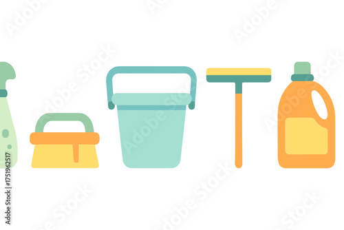Set of essential household cleaning tools and chemical products for hygiene