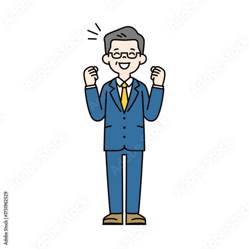 笑顔でガッツポーズをする、ミドル世代のビジネスマンのシンプルな全身ベクターイラスト素材