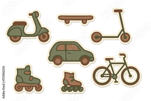 Retro transportation stickers set featuring car scooter bicycle skateboard and roller skates