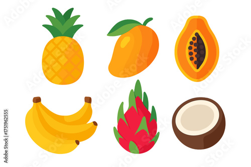 Collection of six popular tropical fruits: pineapple, mango, papaya, banana, dragon fruit, and coconut