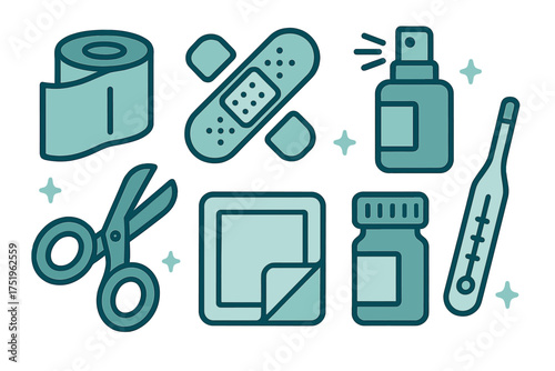 Essential first aid and medical supplies collection with thermometer and bandages