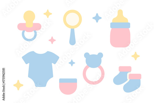 Set of essential newborn baby items in pastel colors including bottle pacifier rattle and clothing