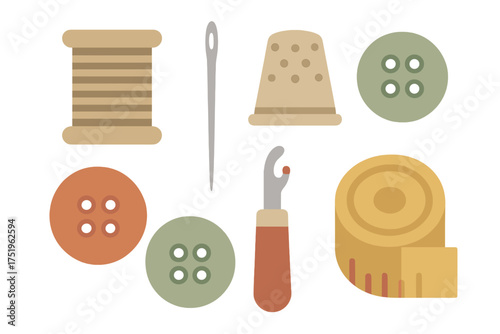 Flat lay composition of essential sewing accessories: thread, buttons, and measuring tape