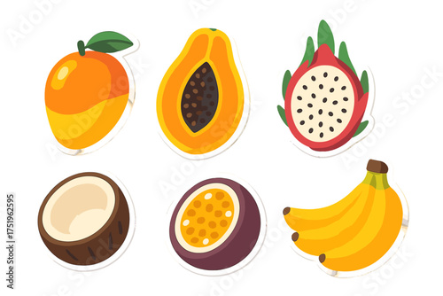 Vibrant set of six tropical fruits: mango, papaya, dragon fruit, coconut, passion fruit, and bananas