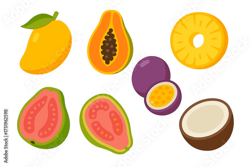 Exotic tropical fruits set featuring whole mango, sliced papaya, guava, passion fruit, pineapple, and coconut