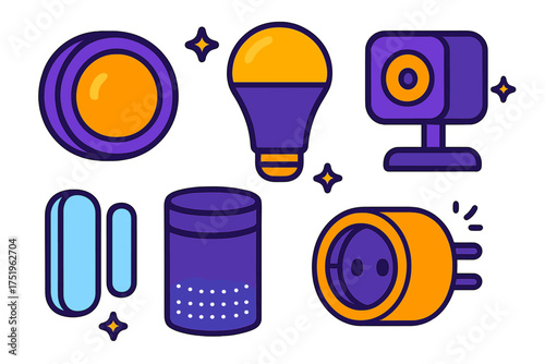 Modern smart home technology icons set featuring light bulb security camera and smart plug adapter