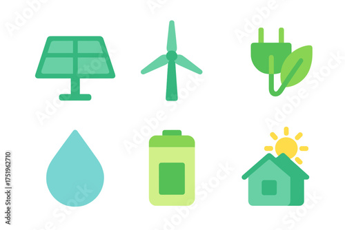 Set of sustainable energy icons including solar panel wind turbine battery and water drop symbols