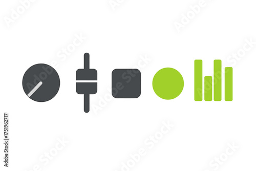 Minimalist user interface icons featuring rotary dial, vertical fader, square button, and bar graph controls