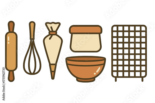 Essential baking and pastry tools collection featuring a rolling pin, whisk, piping bag, bowl, and cooling rack