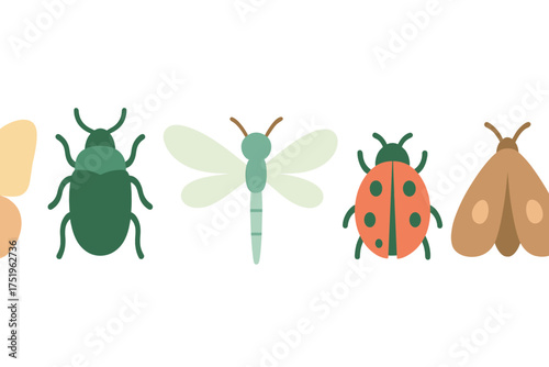 Minimalist flat design row featuring various stylized flying and crawling insects