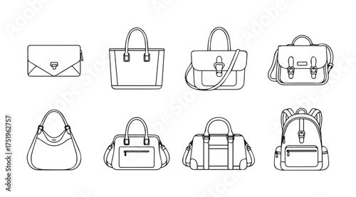 Collection of diverse handbag styles and designs sketches for fashion vector