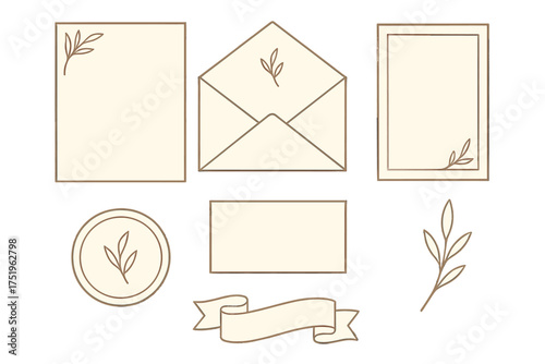 Minimalist wedding stationery set with botanical leaf outlines and blank paper elements